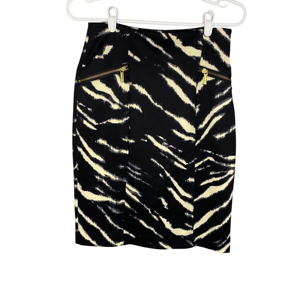 Michael Kors Black White Zebra Print Pencil Skirt Gold Zip Detail Womens Size XS